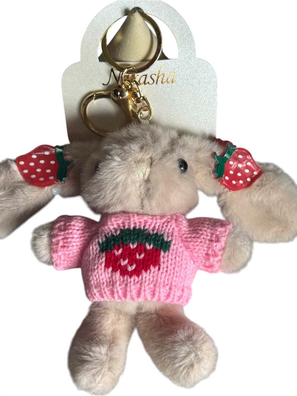 Natasha Pink Bunny Keychain with Strawberry Sweater and Red Ear Accents